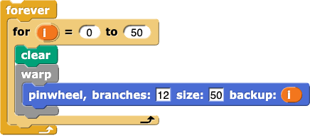 forever{for(i)=(0) to (50){clear;warp{pinwheel, branches:(12) size:(50) backup:(i)}}}