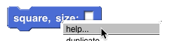 the 'square' block with the right-click menu open and the 'help...' option selected