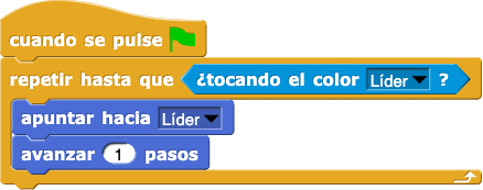 cuando se pulse bandera verde:
repetir hasta que (tocando (líder)?)
{
    apuntar en dirección (líder)
    mover (1) pasos
}