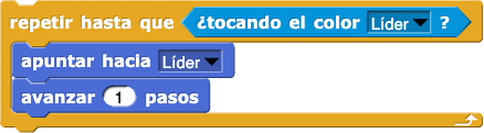 repetir hasta que (tocando (líder)?)
{
    apunta hacia (líder)
    mover (1) pasos
}