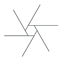 A small hexagon with the clockwise end of each side extended 80 steps beyond the hexagon. The full length of each side is 100 steps.