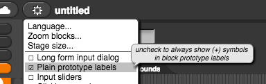 image of the Snap! Settings menu showing the 'Plain prototype labels' option highlighted and checked; there is a hover-over bubble that says 'uncheck to always show (+) symbols in block prototype labels'