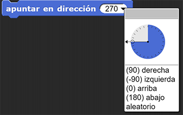 apuntar en dirección (270) con el menú abierto con las opciones de derecha, izquierda, arriba, abajo y aleatorio