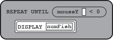 a gray rounded rectangle containing all of the following: on the first line, first the words 'REPEAT UNTIL' in all caps and then a smaller gray rounded rectangle containing 'mouseY () < 0' and on the second line, a white rounded rectangle with a smaller white rounded rectangle inside that contains first the word 'DISPLAY' in all caps and then a smaller white rectangle containing 'numFish'