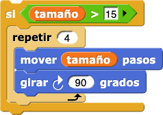 si (tamaño> 15) {repetir (4) {mover (tamaño) pasos, girar (90) grados}}