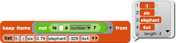 keep items  (not(is () a (number)?)) from {5, :), six, 7, elephant, 3} reporting {5,7,3}