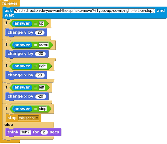 forever [ask (which direction do you want the sprite to move? Type up, down, right, or left and wait); if answer = up [go to x position, y position + 20]; if answer = down [go to x position y position - 20]; if answer = right [go to x position + 20 y position]; if answer = left [go to x position - 20 y position]; if answer = stop [stop all] else [think (huh?!) for 2 seconds] ]