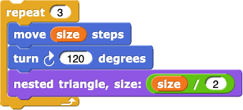 repeat(3){move(size) steps; turn clockwise (120) degrees; triangle fractal level:(level-1) size:(size*0.5)}