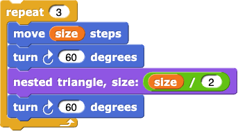 repeat(3){move(size) steps; turn clockwise (60) degrees; triangle fractal level:(level-1) size:(size*0.5); turn clockwise(60) degrees}