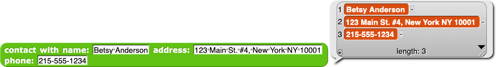 contact with name: (Betsy) address: (123 Main St. #4, New York, NY 10001) phone: (212-555-1234) reporting {Betsy Anderson; 123 Main St. #4, New York, NY 10001; 212-555-1234}