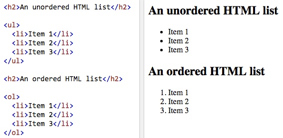 HTML ul and ol lists