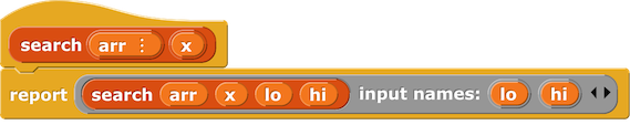 search reporter block with two inputs: arr, x;
				reporting an anonymous function (gray ring) that takes
				two inputs named lo and hi, and calls the four-input search
				with arr, x, lo, and hi