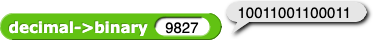 decimal->binary (9827) reporting 10011001100011