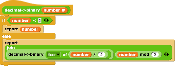 decimal->binary(number){if(number<2){report(number)}else{report(join(decimal->binary(floor(number/2)))(number mod 2))}}