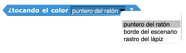 bloque ¿tocando el color () ? con el menú abierto que muestra tres opciones: puntero del ratón, borde del escenario y rastro del lápiz