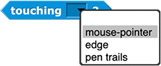 touching () ? block with menu open showing three options: mouse-pointer, edge, and pen trails