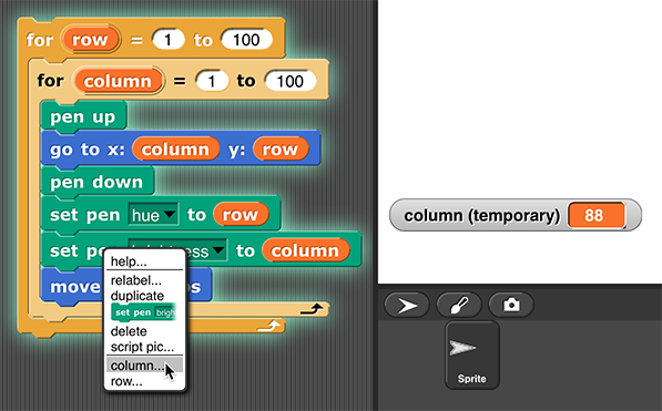 A script that is running that includes 'column' and 'row' script variables. There is a right-click menu open overlaying the script, including 'column...' and 'row...' options. The 'column...' option is selected and there is a 'column (temporary)' watcher on the stage.
