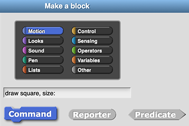 image of the 'Make a Block' window with the Motion palette selected and 'draw square, size:' typed into the title input space