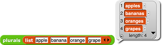 plurals (list (apple) (banana) (orange) (grape)) reporting [apples, bananas, oranges, grapes]