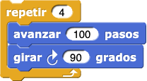 repetir (4) veces
{
    mover (100) pasos
    girar ↻ (90) grados
}