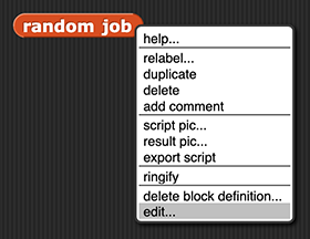 'random job' block with right-click menu open and the 'edit...' option highlighted at the very bottom of the menu