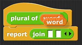 'plural of' in the block editor showing a copy of the 'word' variable being dragged off