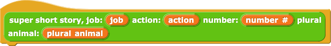 super short story, job: (job) action: (action) number: (number #) plural animal: (plural animal) super short story, job: (job) action: (action) number: (number #) plural animal: (plural animal)