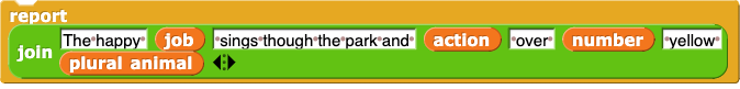 report (join ('The happy ') (job) (' sings through the parks and ') (action) (' over ') (number) (' yellow ') (plural animal)) report (join ('The happy ') (job) (' sings through the parks and ') (action) (' over ') (number) (' yellow ') (plural animal))