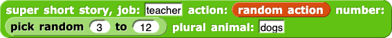 'super story story' block with 'pick random (3) to (12)' in the 'number' input slot