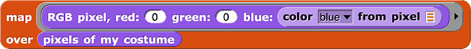 map (RGB pixel, red: (0) green: (0) blue: (color (blue) from pixel ( ))) over (pixels of my costume)