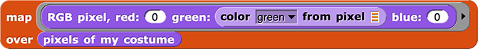 map (RGB pixel, red: (0) green: (color (green) from pixel ( )) blue: (0)) over (pixels of my costume)