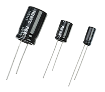 three images of different-sized capacitors, which look like little cylinders with text and numbers on them and two wires coming out of one base