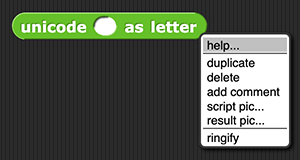 unicode as letter block with dropdown menu open showing 'help...' menu-item selected