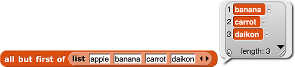 all but first of (list (apple) (banana) (carrot) (daikon)) reporting the list {banana, carrot, daikon}
