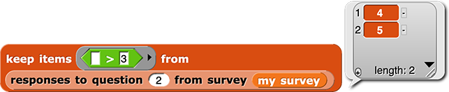 keep items (( ) > (3)) from (responses to question (2) from survey (my survey)) reporting the list {4, 5}