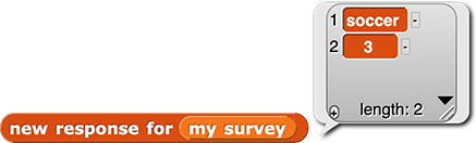 new response for (my survey) reporting the list {soccer, 3}