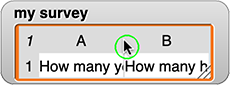 my survey watcher with mouse pointer exactly between two column headers 'A' and 'B' indicating column expansion drag area