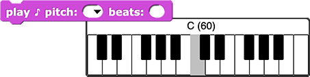 image of 'play note (60) for (0.5) beats' block with piano menu open for first input slot and middle C selected and labeled 'C(60)'