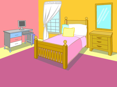 example sprite background: cartoon of a bedroom with pink and yellow walls, a bed, and a computer; in Snap!, this costume is called 'Bedroom 1'