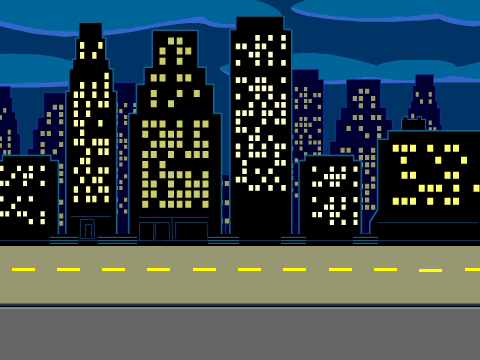 example sprite background: cartoon of a cityscape at night with a street in front; in Snap!, this costume is called 'Night City with Street'