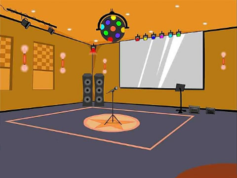 example sprite background: cartoon of a room with a disco ball, speakers, colorful lights, a projection screen, and a microphone; in Snap!, this costume is called 'Party Room'