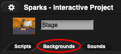 image of the 'Backgrounds' tab, which is located between the 'Scripts' and 'Sounds' tabs above the scripting area