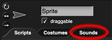 image of the 'Sounds' tab, which is located between the 'Scripts' and 'Costumes' tabs above the scripting area