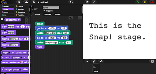 image of the Snap! window with 'This is the Snap! stage.' typed in the big rectangle in the upper right of the Snap! window