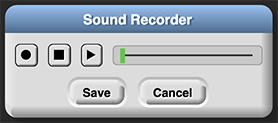 picture of the Sound Recorder window, which has a five buttons: a circle for record, a square for stop, a right-pointing triangle for play, 'Save,' and 'Cancel'