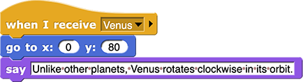 when I receive ('Venus')
go to x: (0) y: (80)
say ('Unlike other planets, Venus...')