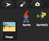 screenshot of lower left corner of Snap! window showing the stage icon and two sprite icons