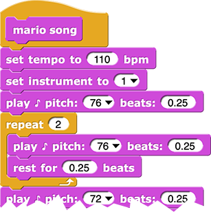 	'mario song' hat block from Block Editor showing first part of song code attached below