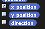 screenshot of checkboxes next to 'x position', 'y position', and 'direction' reporters in 'Motions' palette