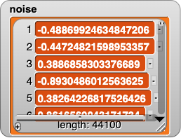 noise variable watcher showing a list of long decimals between -1 and 1